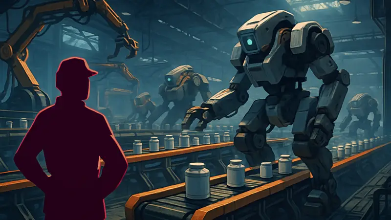 Скриншот из игры Pax Autocratica, показывающий производственные линии и роботов.