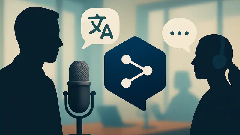 Логотип DeepL на фоне микрофона и элементов перевода