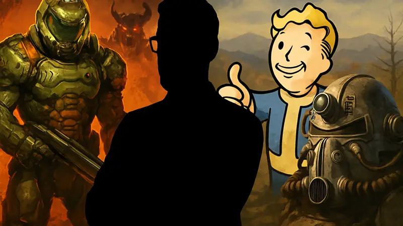 Дейв Ошри, CEO New Blood Interactive, на фоне игр Doom и Fallout 76.