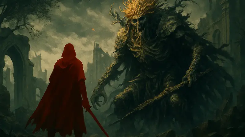 Босс из Elden Ring, вдохновленный кинозлодеем, эпический фэнтези дизайн.