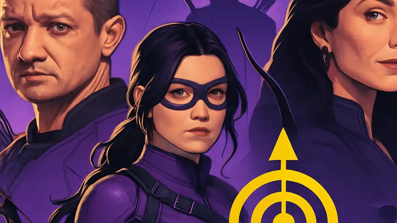 Логотип сериала «Соколиный глаз» на фоне персонажей Marvel, включая Джереми Реннера, с намёком на продолжение.