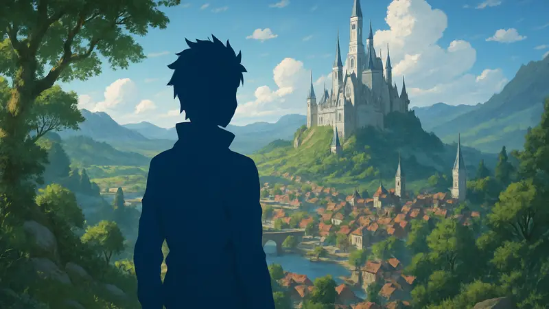 Изображение главного героя Субару из аниме Re:Zero на фоне фэнтезийного мира