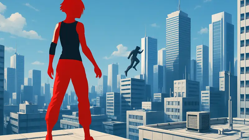 Героиня Mirror's Edge Фейт Коннорс на крыше здания, городской пейзаж, паркур в игре.