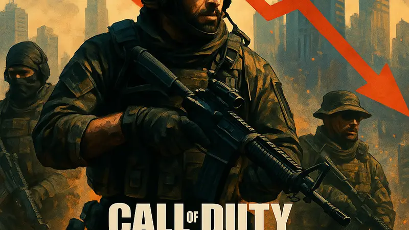 Обложка игры Call of Duty Black Ops 7 с солдатами на фоне городского пейзажа, символизирующая снижение продаж в игровой индустрии.