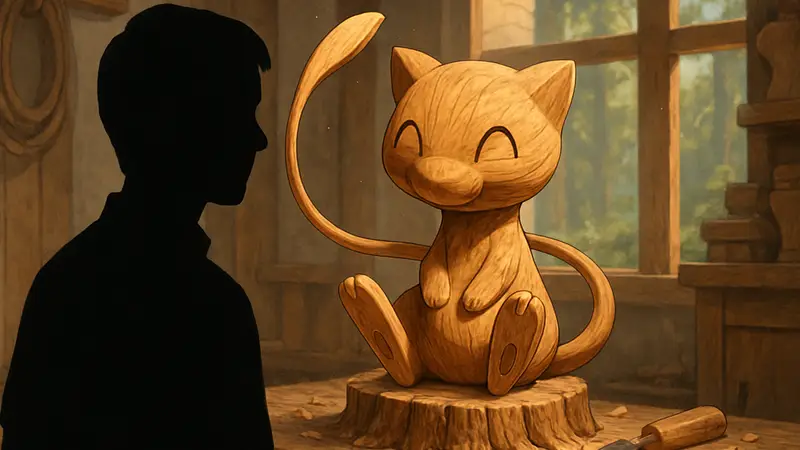 Деревянная фигурка покемона Мью, созданная фанатом, милый и впечатляющий арт.