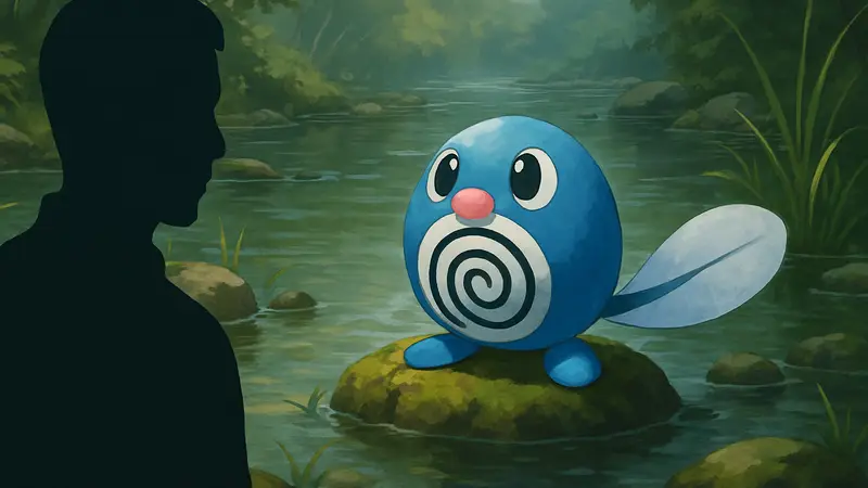 Изображение покемона Поливага (Poliwag) в его естественной водной среде.