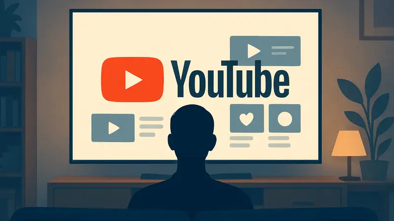 Логотип YouTube на экране телевизора с интерактивными элементами интерфейса