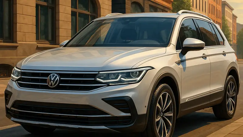 Изображение автомобиля Volkswagen Tiguan, припаркованного на городской улице, символизирующее успех продаж в России.