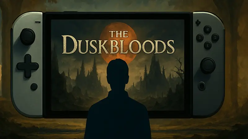 Логотип игры The Duskbloods на фоне стилизованного изображения Nintendo Switch 2, символизирующего будущий релиз.