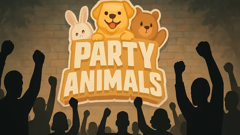 Логотип игры Party Animals на фоне возмущенной толпы, символизирующей скандал с ИИ-конкурсом.
