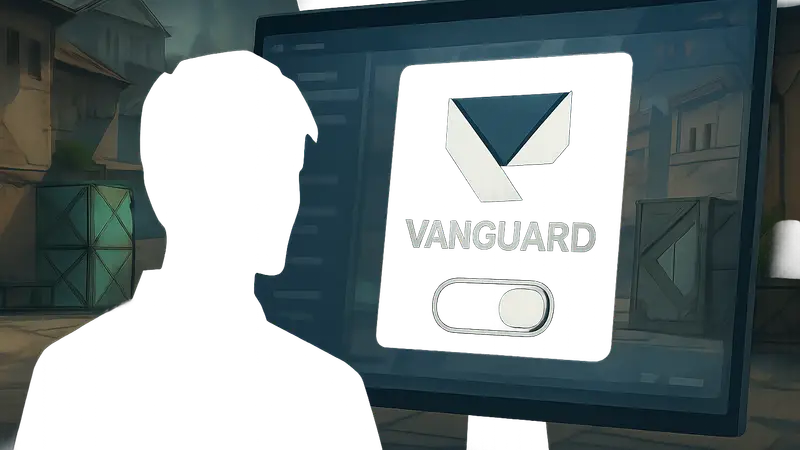 Логотип античита Riot Vanguard на фоне интерфейса игры Valorant, показывающий возможность отключения.