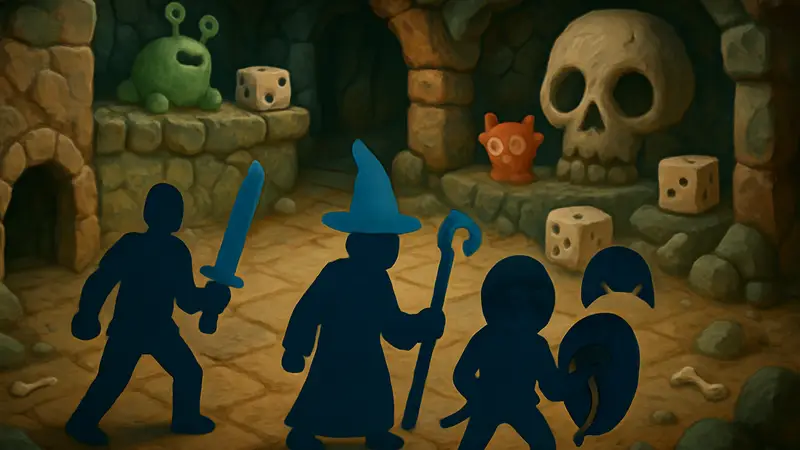Скриншот игры Dobbel Dungeon с пластилиновыми персонажами и следами отпечатков пальцев на их моделях.