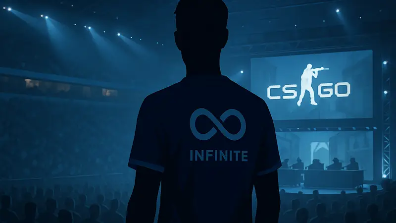 Изображение киберспортсмена sl3nd в форме новой команды INFINITE на фоне соревновательной арены.