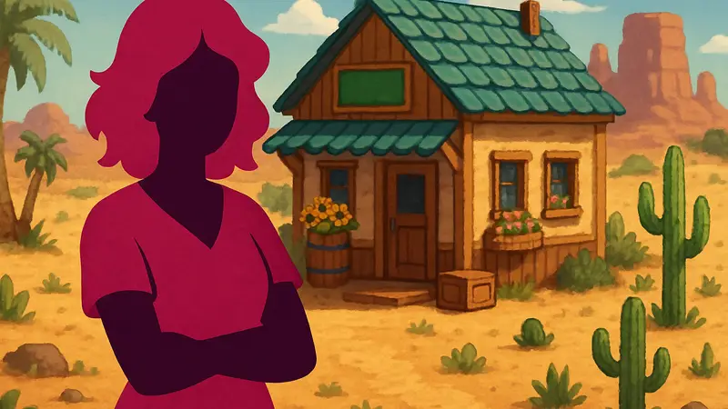 Персонаж Сэнди из Stardew Valley на фоне своего магазина в Пустыне Калико, гайд по дружбе