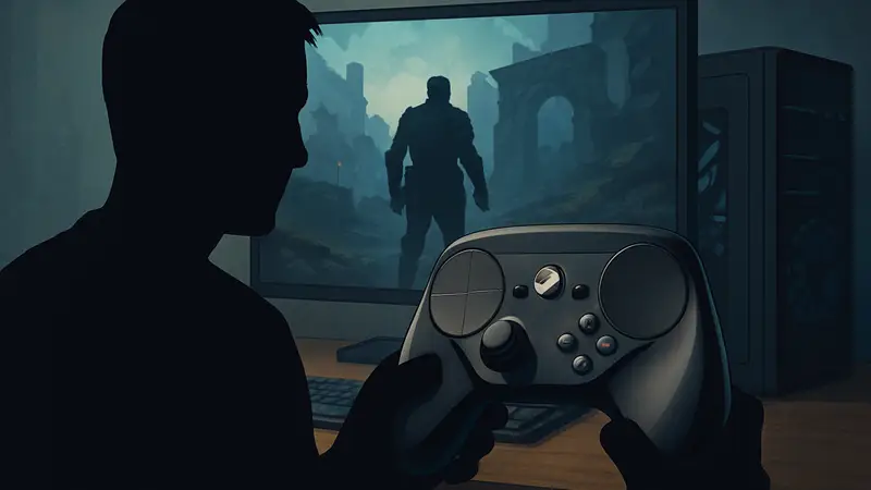 Изображение контроллера Steam нового поколения на фоне игрового компьютера.