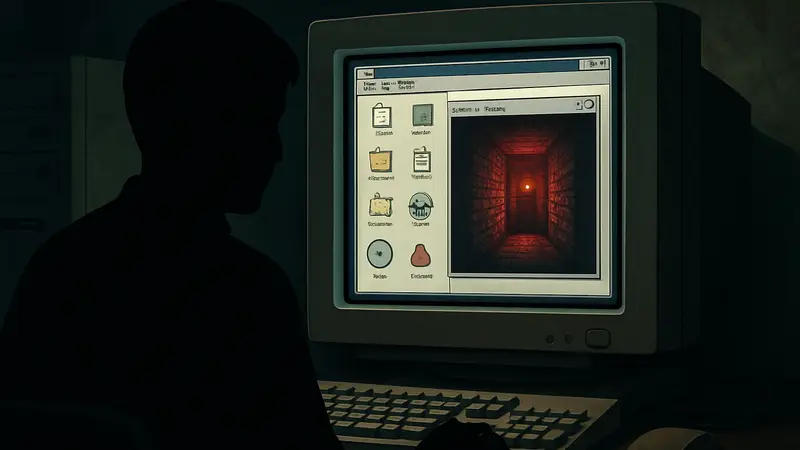 Экран старого ПК 90-х годов с открытыми файлами в хоррор-пазле Desktop Explorer.