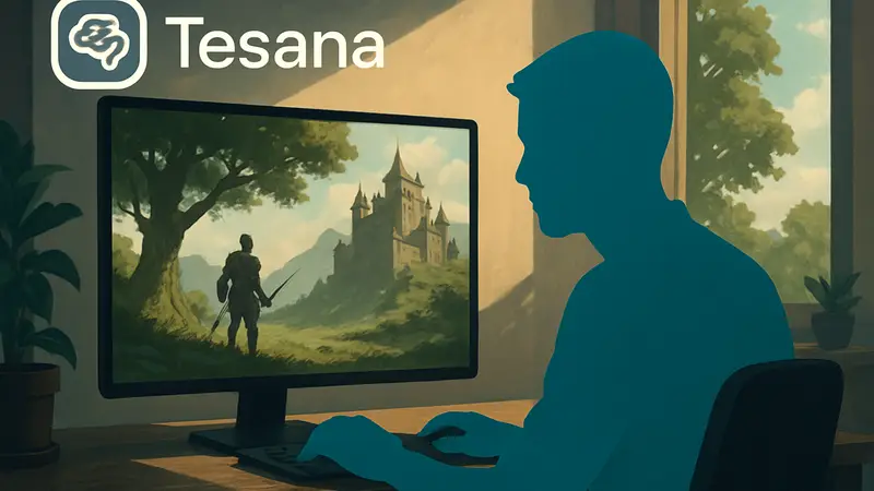 Логотип Tesana и изображение человека, создающего игру с помощью ИИ.
