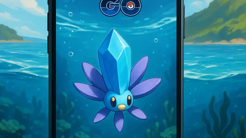 Скриншот из Pokémon Go с покемоном Глимметом, плавающим в воде, символизирующий событие "В глубины" и его особенности.