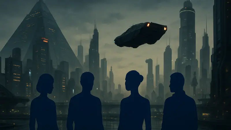 Кадр из сериала «Бегущий по лезвию 2099» с футуристическим городом и репликантами