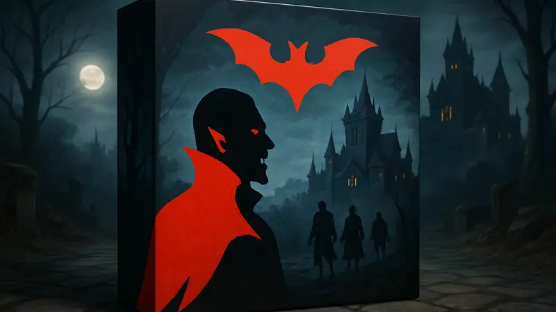 Изображение коробки настольной игры «Голод» с вампирской тематикой и логотипом, показывающей ее дизайн.