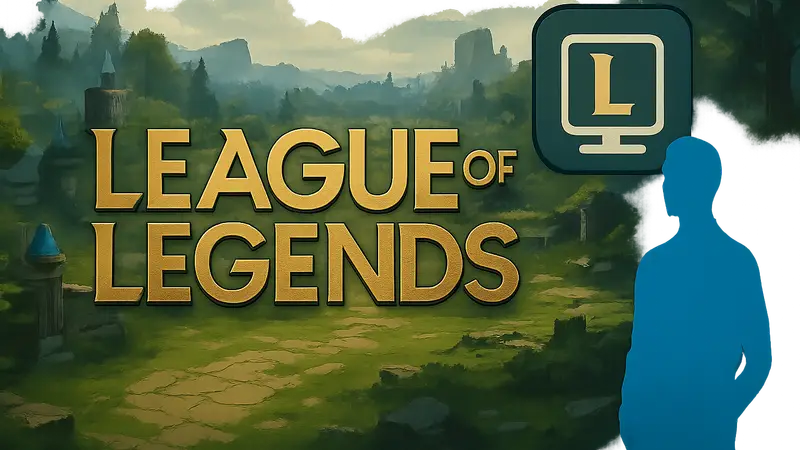 Логотип League of Legends на фоне игрового поля и иконки клиента LoL.