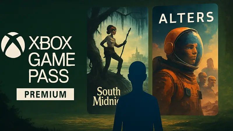 Логотип Xbox Game Pass Premium с обложками игр South of Midnight и Alters. Новинки.