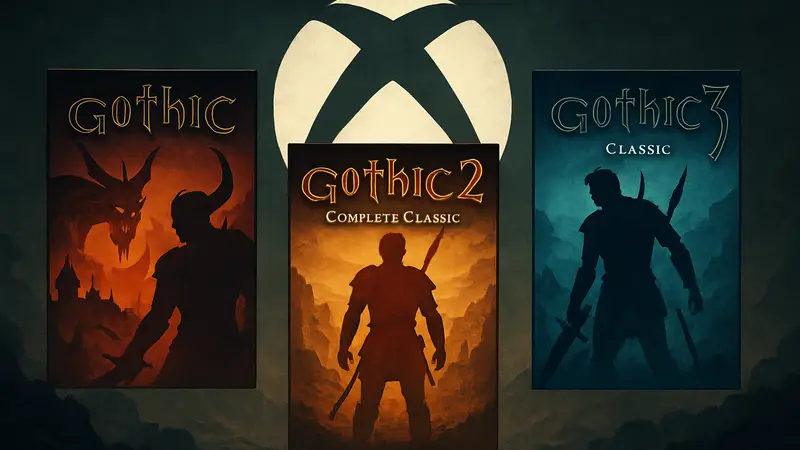 Обложки игр Gothic Classic, Gothic 2 Complete Classic и Gothic 3 Classic на фоне логотипа Xbox.