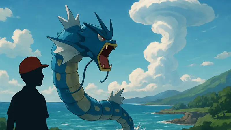 Кадр из трейлера Pokemon Winds and Waves с Гаярдосом и необычным облаком на заднем плане.