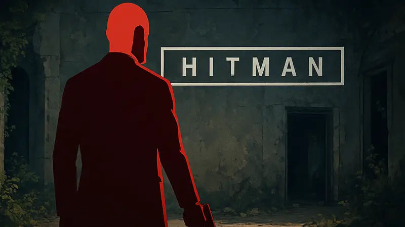 Агент 47, главный герой серии Hitman, на фоне логотипа сериала