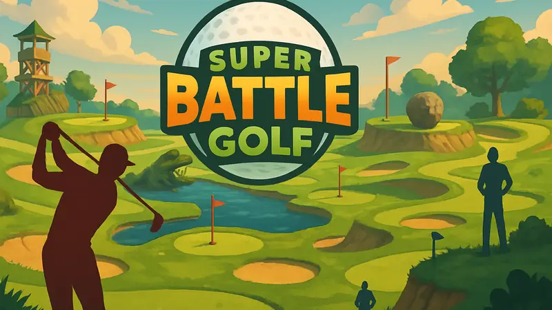 Логотип игры Super Battle Golf на фоне динамичного поля для гольфа с необычными препятствиями.