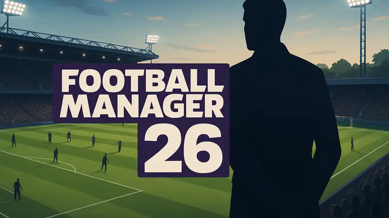 Логотип Football Manager 26 на фоне футбольного поля.