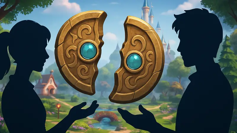 Изображение левой и правой частей медальона в Disney Dreamlight Valley на фоне Долины Мечты.