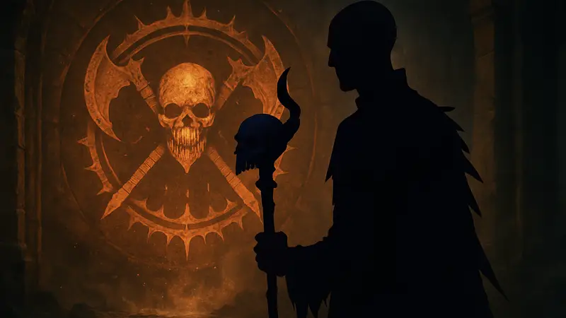 Некромант из Diablo 4, иллюстрация персонажа на фоне символики 12 сезона Season of Slaughter.