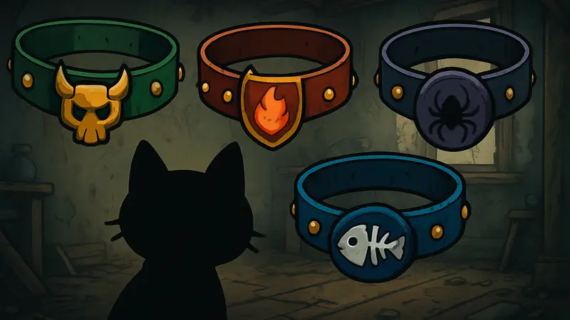 Различные классовые ошейники в игре Mewgenics.