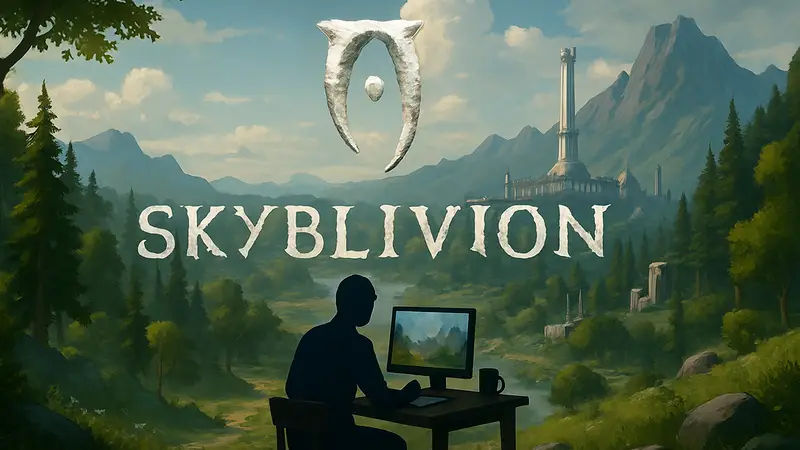 Логотип Skyblivion на фоне мира Oblivion, демонстрирующий процесс разработки мода.
