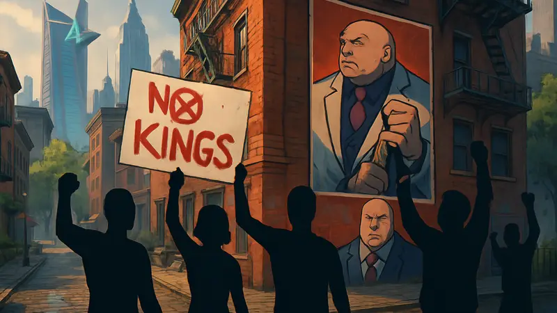 Карта Нижнего Манхэттена из Marvel Rivals с отсылками к "No Kings" и сравнением Трампа с Кингпином.