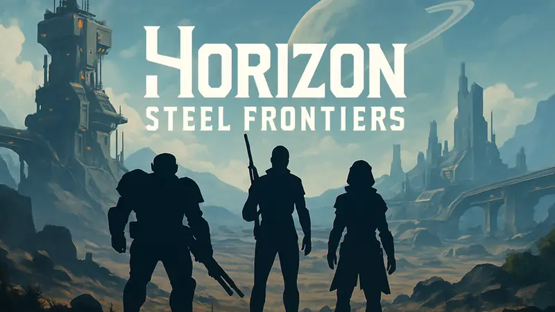 Логотип игры Horizon Steel Frontiers на футуристическом фоне или иллюстрация персонажей