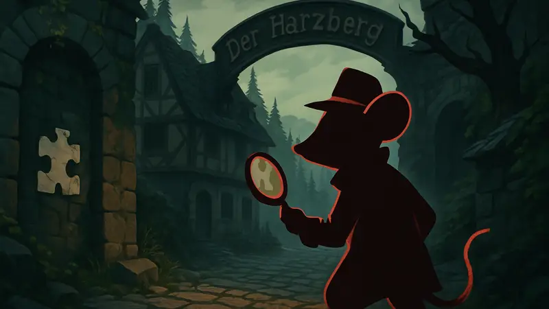 Мышь-детектив из игры Mouse P.I. for Hire, исследующий локацию Дер Харцербург и решающий головоломки.