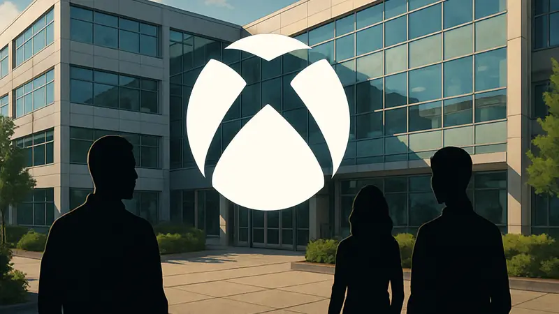Логотип Xbox на фоне офиса Microsoft, символизирующий реорганизацию игрового подразделения.