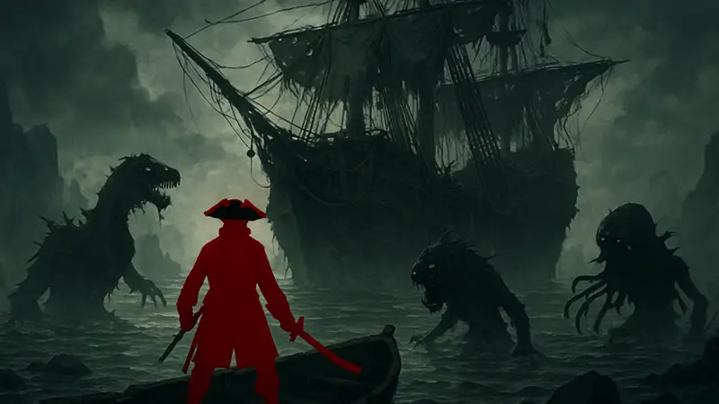 Фан-арт пиратской игры от FromSoftware в стиле Soulslike с мрачным кораблем и монстрами