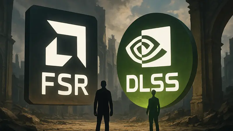 Логотипы AMD FSR и NVIDIA DLSS, символизирующие конкуренцию технологий масштабирования.