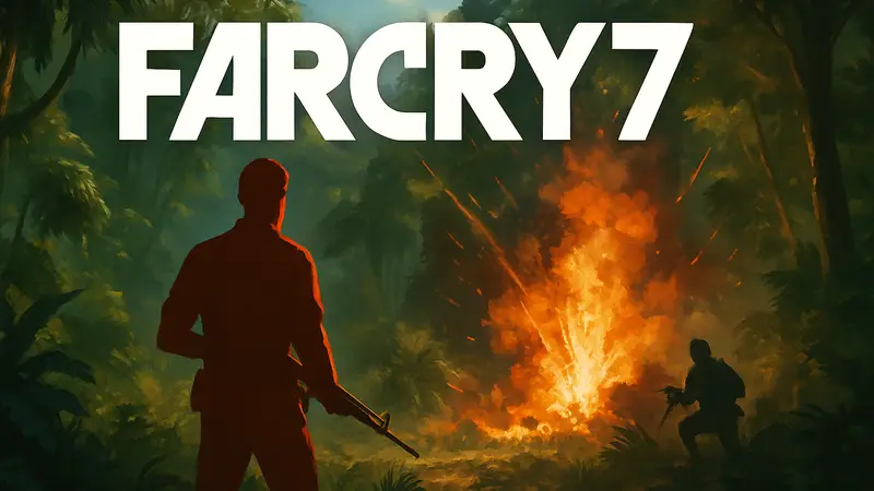 Логотип Far Cry 7 на фоне джунглей и взрывов, символизирующих геймплей