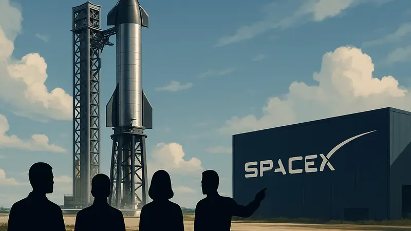 Ракета SpaceX Starship на стартовой площадке, логотип компании Илона Маска