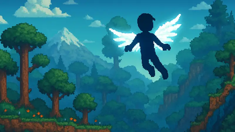 Скриншот персонажа Terraria, летящего на светящихся крыльях над красочным биомом