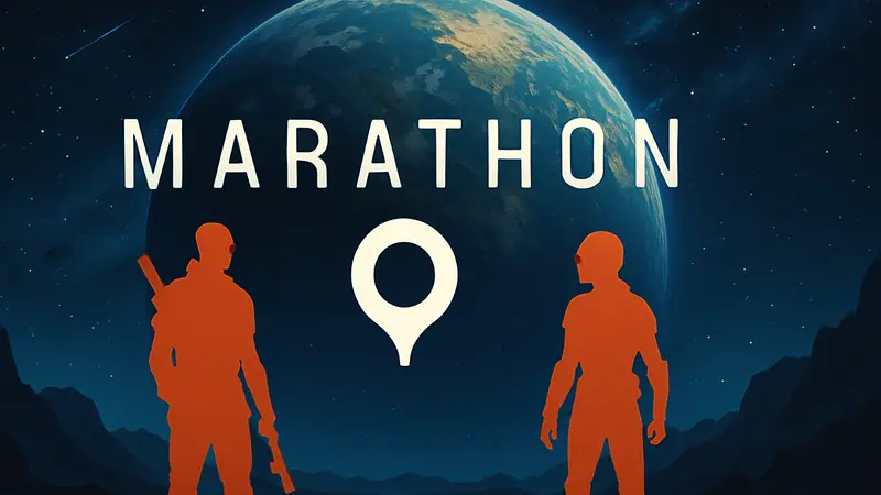 Логотип игры Marathon с эмблемой Bungie на фоне космической тематики