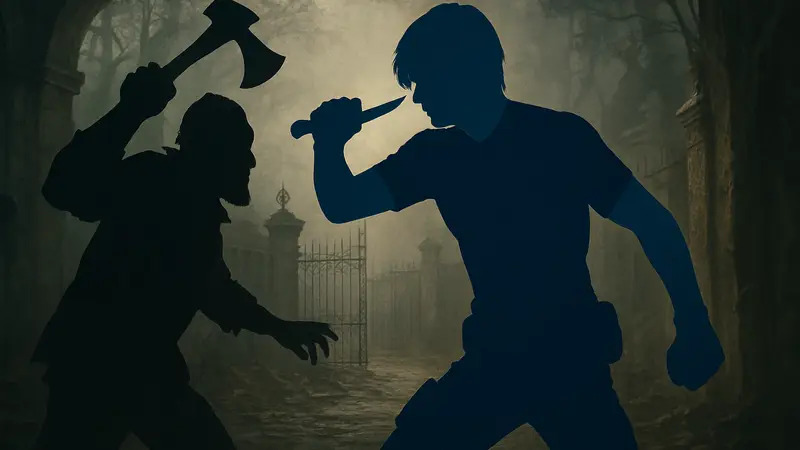 Леон Кеннеди из Resident Evil, выполняющий сложный приём парирования, символизирующий новую механику