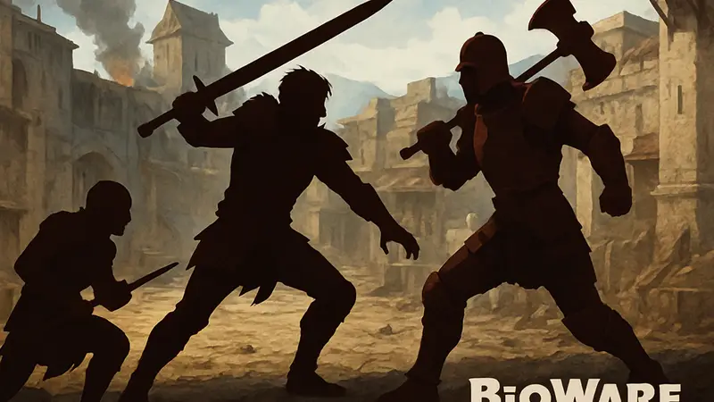 Кадр из игры Dragon Age 2, персонажи в бою, логотип BioWare