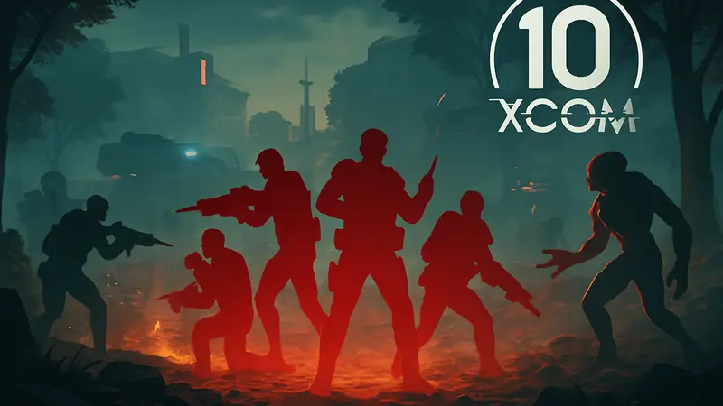 Игровой скриншот XCOM 2 с бойцами на поле боя и инопланетянами, логотип 10 лет XCOM.