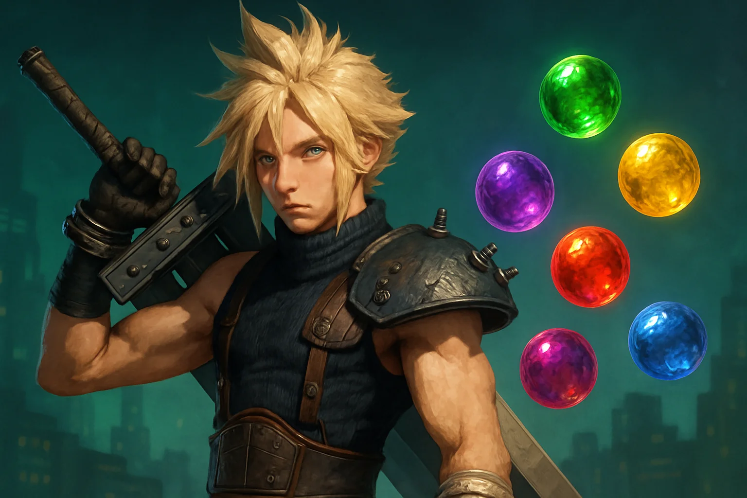 Клауд Страйф из Final Fantasy VII Remake с подборкой разноцветной Материи, готовый к бою