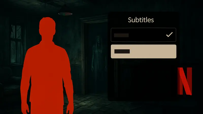 Игровой скриншот Unhinged с интерфейсом настроек субтитров на Netflix.